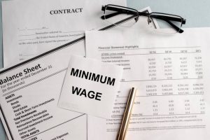 a paper with MINIMUM WAGE text on backgrounwith documents and glasses