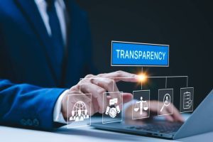 Business transparency and accountability concept. Businessman touches virtual interface transparency related icons